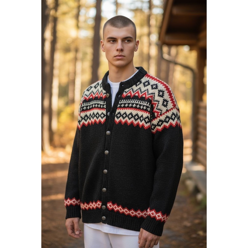 Men's Black and Red Patterned Cardigan